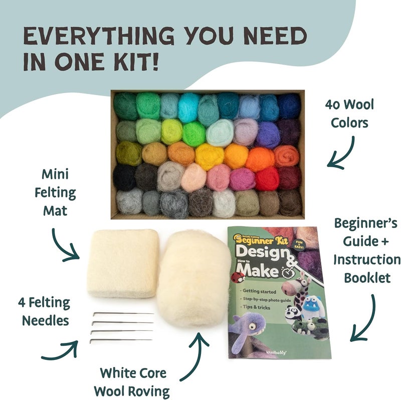 Woolbuddy Needle Felting Starter Kit –Make 6 Cute Characters(Yeti, Giraffe, Panda, Ladybug, Whale, Gator) – Complete Kit for Beginners & Adults with Wool Roving,Felting Needles,Pad & Instruction Guide - Image 2